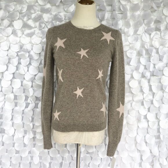 Cynthia Rowley 100% 2-ply Cashmere Small Taupe Pink Star Print Crew Neck… - Picture 1 of 6